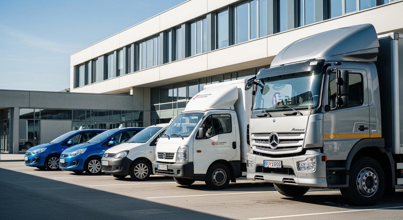 Các loại xe ô tô (xe con, xe tải) đậu gọn gàng tại một trung tâm sát hạch lái xe hiện đại, một điểm đậu sát hạch lái xe ô tô chuyên nghiệp.