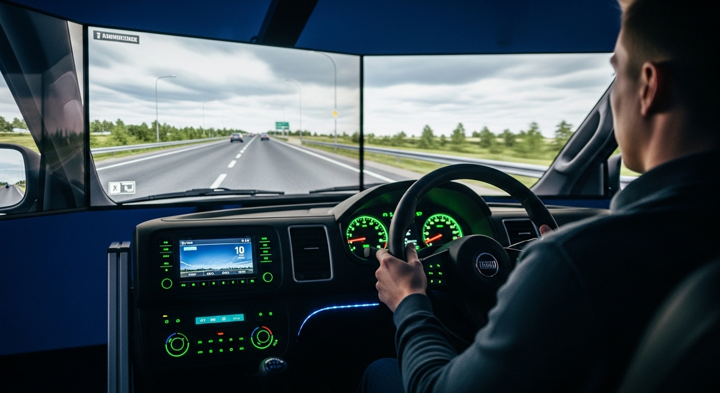 Cabin mô phỏng lái xe công nghệ cao với người dùng đang luyện tập kịch bản giao thông ảo, giúp chuẩn bị hiệu quả cho việc thay đổi hạng giấy phép lái xe 2025.