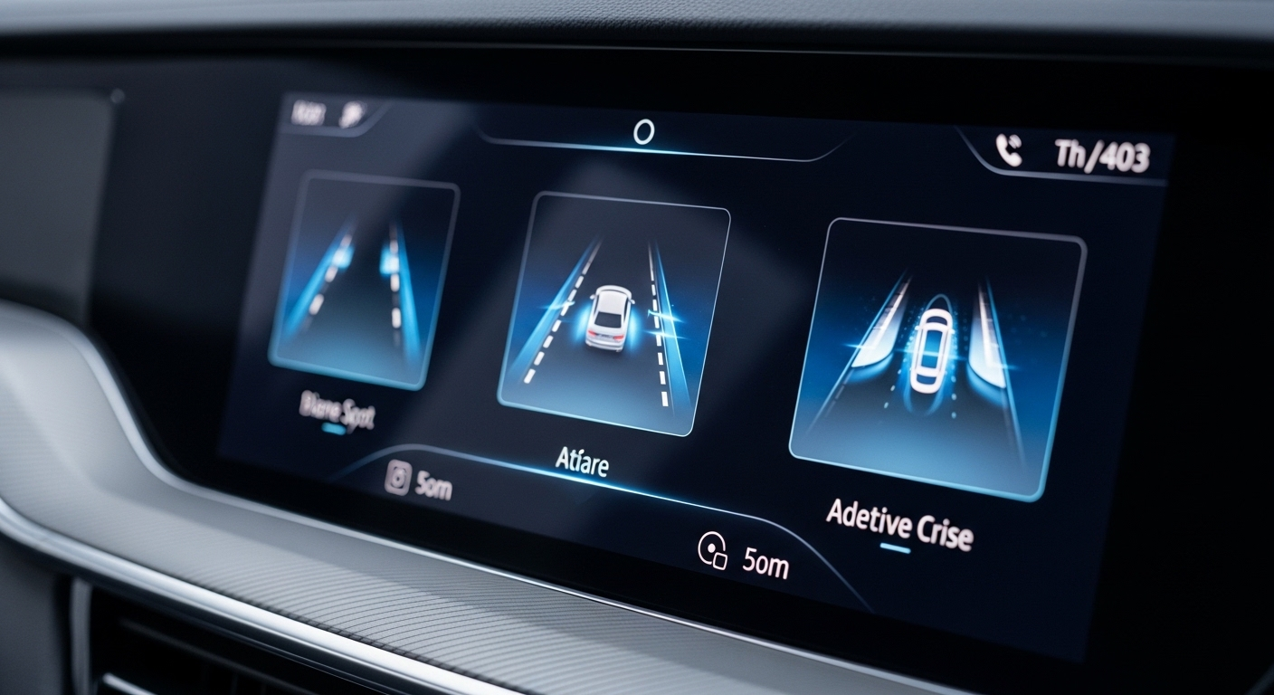 Cận cảnh màn hình kỹ thuật số xe hơi hiện đại hiển thị tính năng hỗ trợ lái, cung cấp mẹo lái xe an toàn và thông minh.