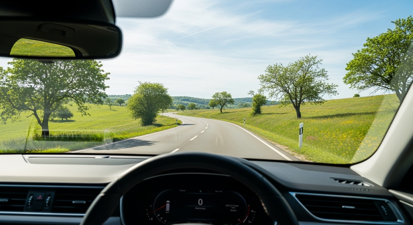 Hình ảnh con đường quê yên bình nhìn từ trong xe, là động lực để học và áp dụng các mẹo thi lý thuyết bằng lái xe 2025, hướng tới những hành trình an toàn. Hình ảnh con đường quê yên bình nhìn từ trong xe, là động lực để học và áp dụng các mẹo thi lý thuyết bằng lái xe 2025, hướng tới những hành trình an toàn.
