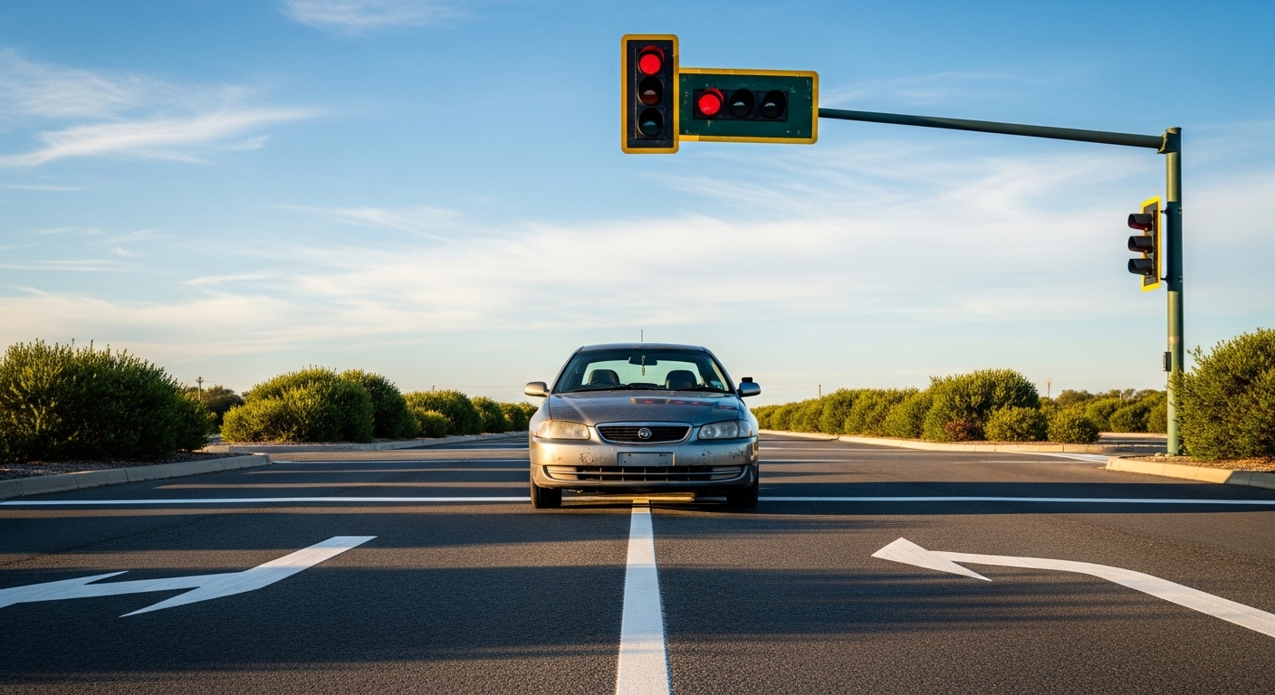 Xe ô tô màu xám dừng đúng vạch chờ đèn đỏ tại ngã tư sân thi sát hạch, đây là một kỹ năng quan trọng trong mẹo thi sát hạch sa hình lái xe ô tô.