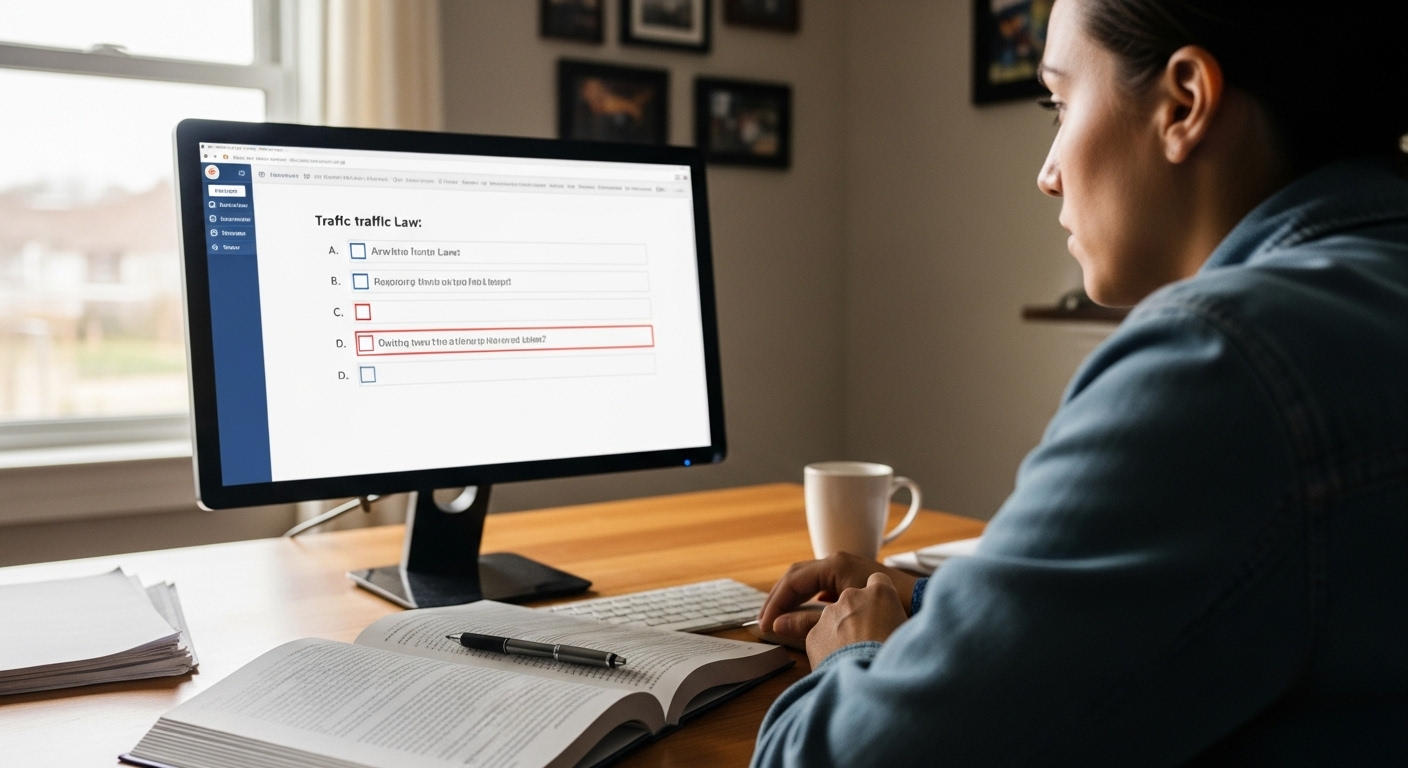 Học viên đang học luật giao thông trên máy tính để ôn thi các loại bằng lái xe ở Việt Nam, với sách và bút trên bàn dưới ánh sáng tự nhiên. Học viên đang học luật giao thông trên máy tính để ôn thi các loại bằng lái xe ở Việt Nam, với sách và bút trên bàn dưới ánh sáng tự nhiên.