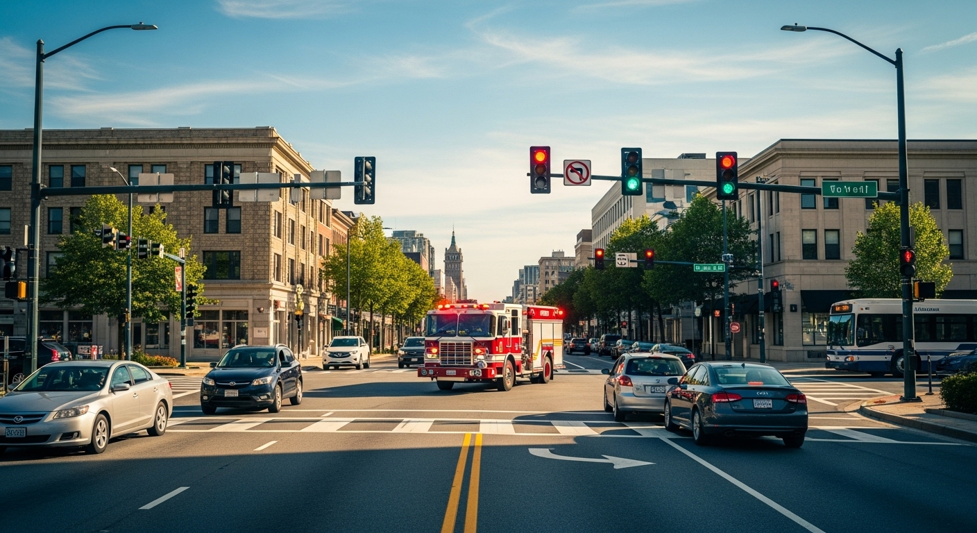 Xe cứu hỏa ưu tiên đi qua giao lộ tấp nập, các phương tiện nhường đường đúng luật. Kiến thức này rất quan trọng khi ôn thi 100 câu điểm liệt lý thuyết lái xe ô tô.