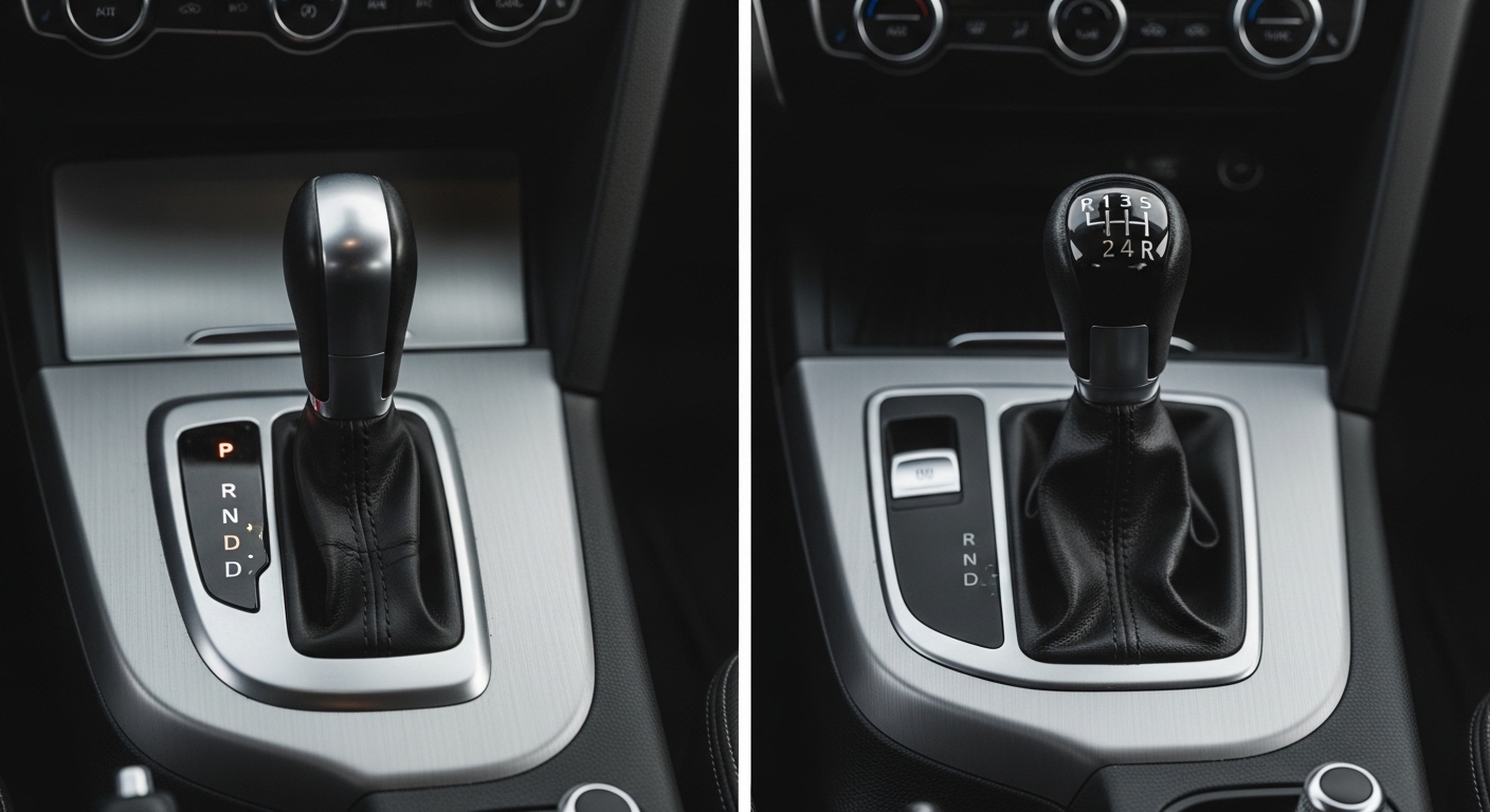 So sánh cần số tự động (P, R, N, D) và cần số sàn, minh họa rõ sự khác nhau giữa bằng lái B1 và B2 qua cơ chế điều khiển xe.