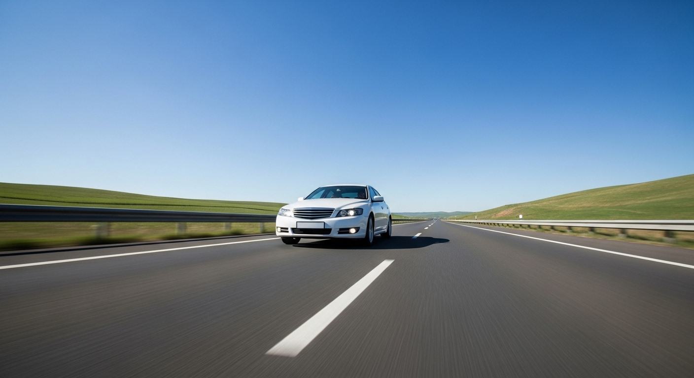 Xe sedan trắng hiện đại lướt êm trên đường cao tốc rộng mở giữa đồi xanh dưới trời trong xanh. Hình ảnh tự tin khi lái xe nhờ áp dụng các mẹo học lý thuyết lái xe hiệu quả.