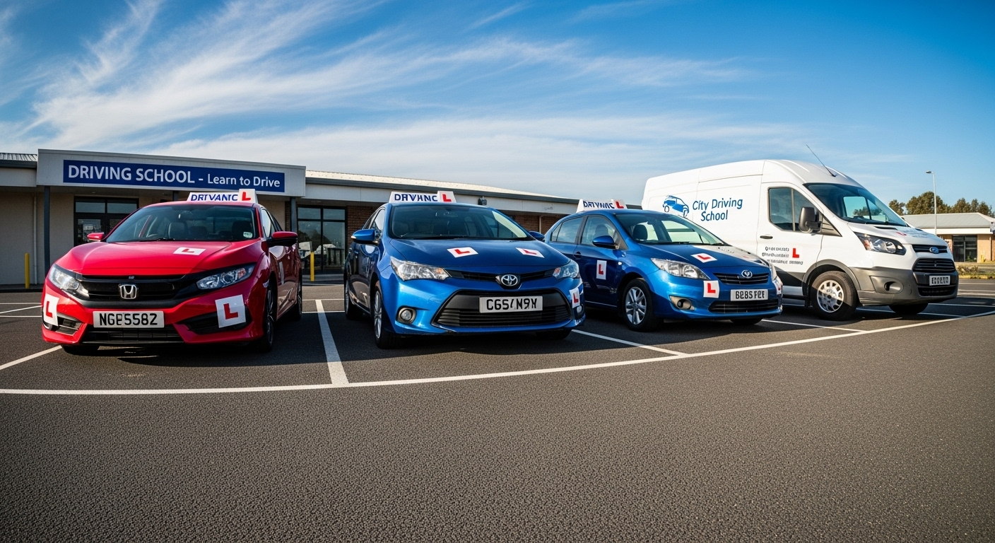 Sân trường lái với các xe ô tô B1 (sedan tự động), B2 (sedan số sàn) và C (xe tải nhỏ) đậu gọn gàng dưới trời xanh. Hình ảnh minh họa cho các khóa học và chi phí học lái xe ô tô B1 B2 C tại trung tâm.