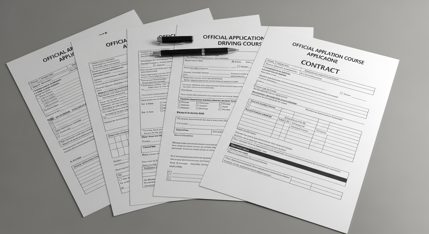Các biểu mẫu đăng ký và hợp đồng khóa học tại trường dạy lái xe ô tô B2 TpHCM, được sắp xếp gọn gàng trên bàn, sẵn sàng để ký.