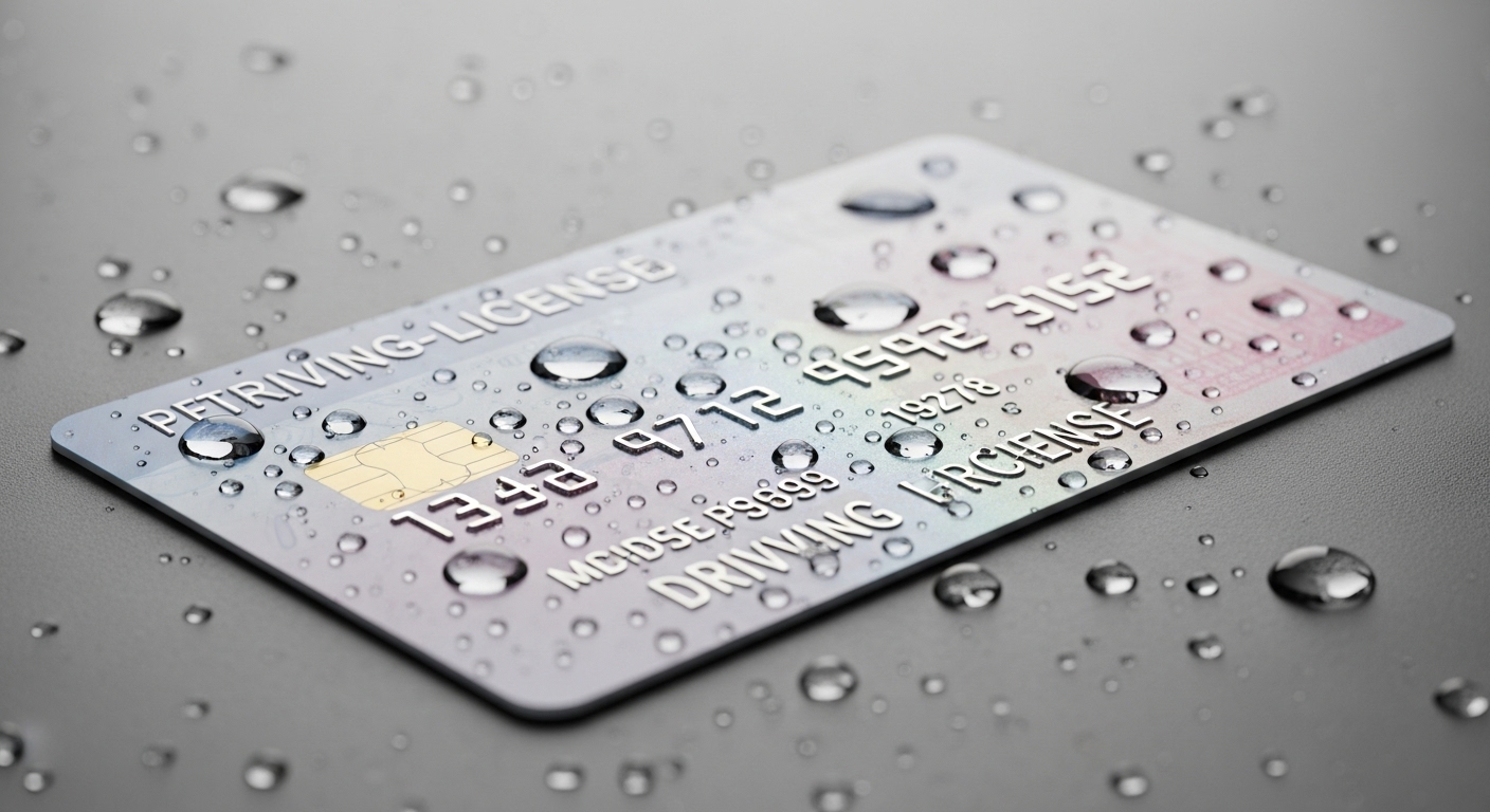 Cận cảnh bằng lái xe máy vật liệu PET bền, chống nước với giọt nước trong suốt bám trên bề mặt, minh họa cho việc bắt buộc đổi bằng lái xe máy. Cận cảnh bằng lái xe máy vật liệu PET bền, chống nước với giọt nước trong suốt bám trên bề mặt, minh họa cho việc bắt buộc đổi bằng lái xe máy.