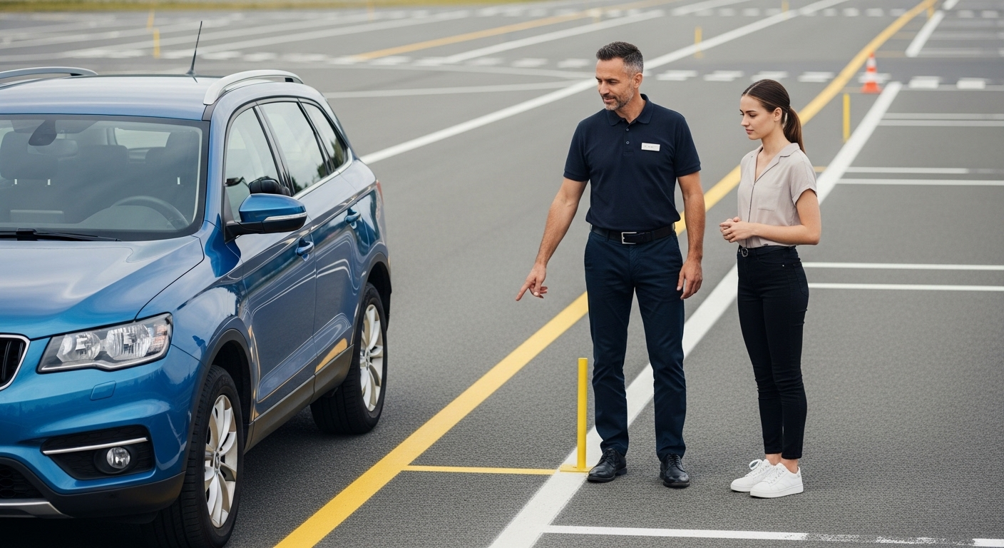 Giáo viên hướng dẫn bổ túc tay lái sa hình cho học viên nữ trên sân tập, chỉ vạch vàng cạnh xe SUV xanh; học viên lắng nghe chăm chú. Giáo viên hướng dẫn bổ túc tay lái sa hình cho học viên nữ trên sân tập, chỉ vạch vàng cạnh xe SUV xanh; học viên lắng nghe chăm chú.