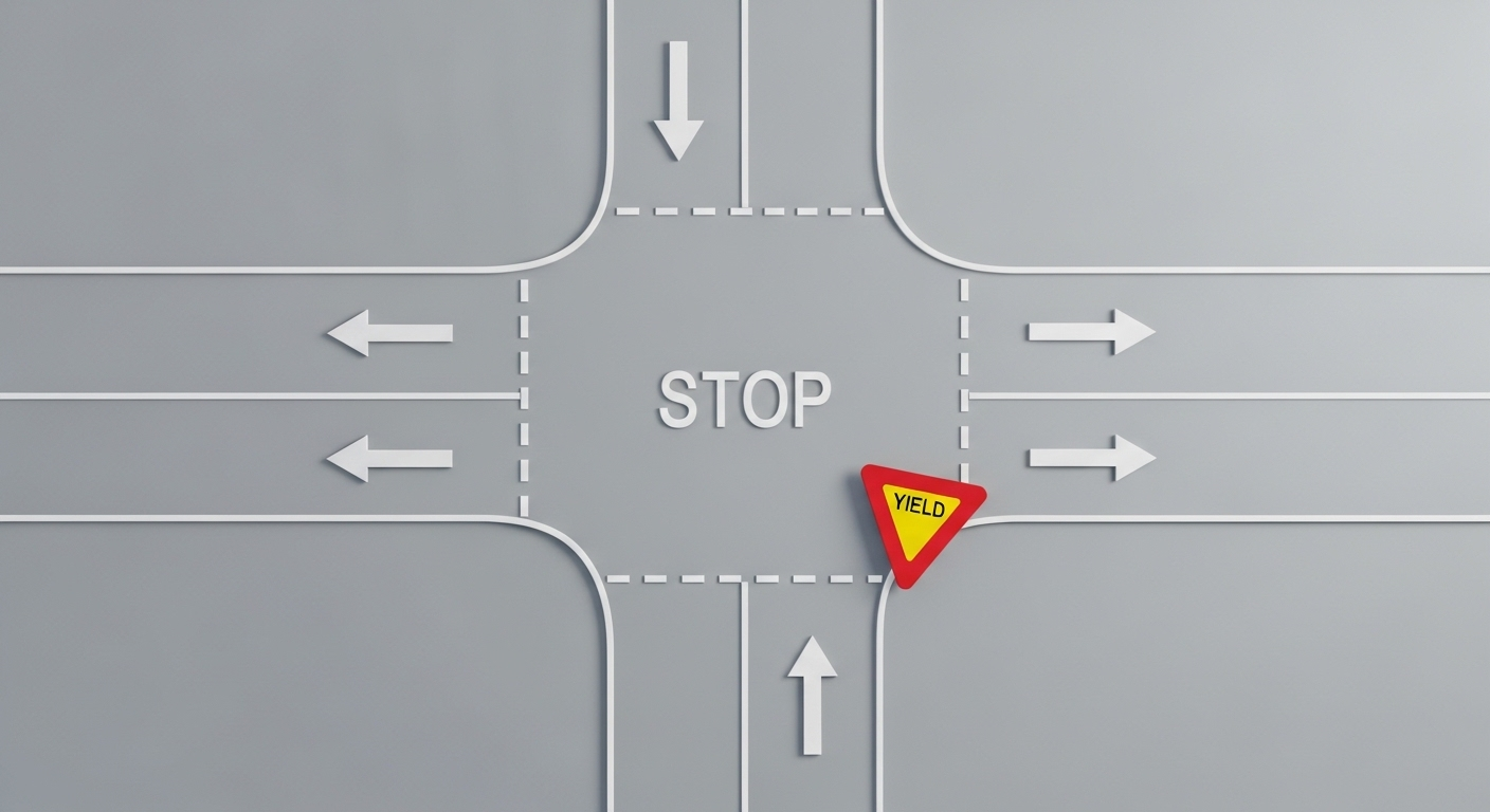 Sơ đồ giao lộ đơn giản, rõ ràng từ trên xuống, với vạch kẻ đường trắng, mũi tên giao thông và biển báo nhường đường, minh họa trực quan các mẹo học lý thuyết C1 hiệu quả.