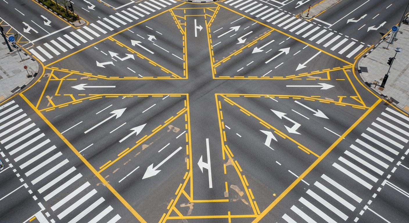 Giao lộ phức tạp nhìn từ trên cao với vạch kẻ đường trắng vàng chi tiết (mũi tên, vạch đi bộ). Hình ảnh minh họa rõ ràng giúp bạn dễ dàng nắm bắt các quy tắc giao thông, rất hữu ích cho mẹo thi lý thuyết GPLX.