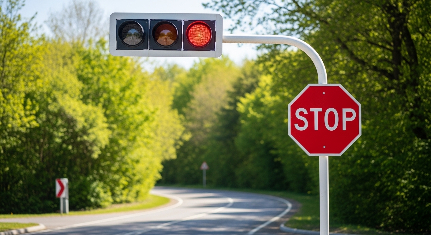 Đèn giao thông đỏ và biển báo STOP rõ ràng tại ngã tư trên sân thi. Hình ảnh quan trọng để ôn luyện các mẹo thi bằng lái xe ô tô hiệu quả.