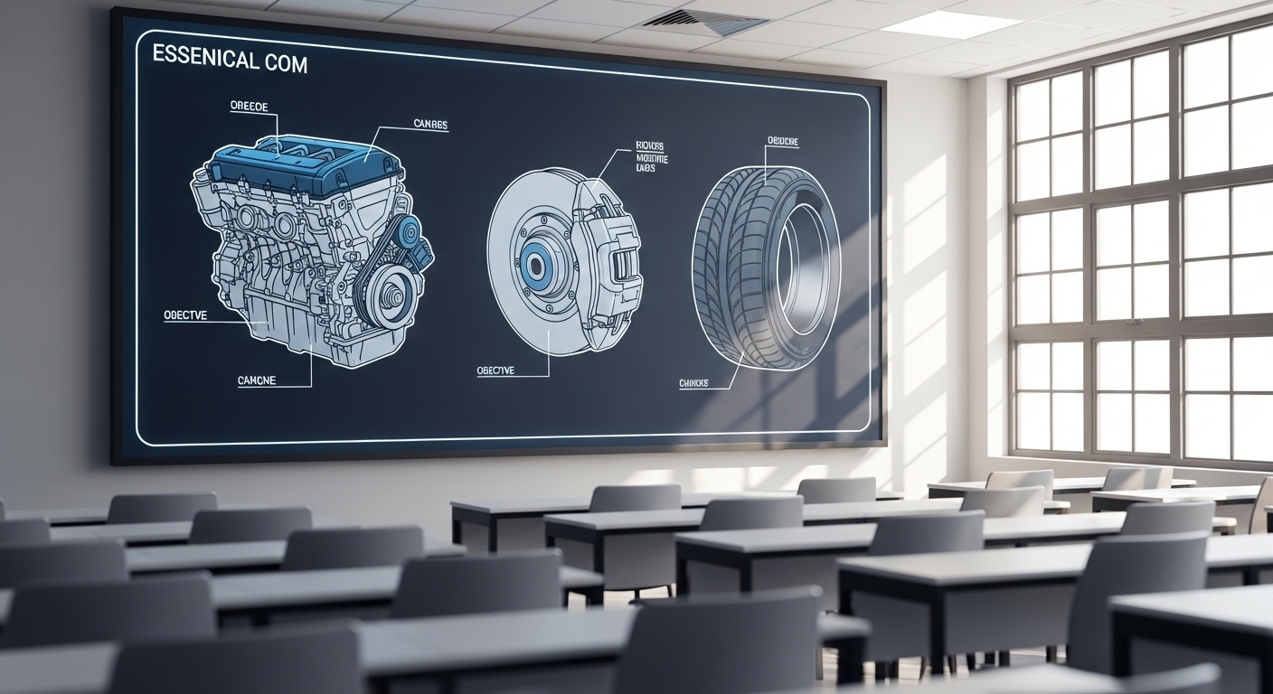 Sơ đồ chi tiết động cơ, phanh và lốp xe trên màn hình lớn trong môi trường học tập, giúp nắm vững kiến thức cho mẹo học lý thuyết lái xe ô tô hạng B.