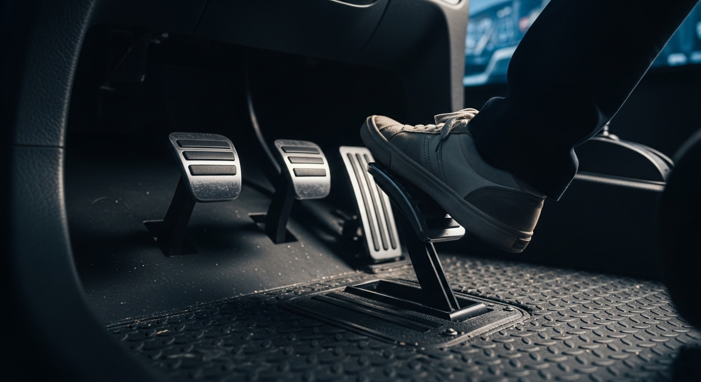 Cận cảnh bàn đạp ly hợp, phanh, ga và chân học viên trong cabin học lái xe ô tô mô phỏng, tập trung vào thao tác điều khiển cơ bản. Cận cảnh bàn đạp ly hợp, phanh, ga và chân học viên trong cabin học lái xe ô tô mô phỏng, tập trung vào thao tác điều khiển cơ bản.