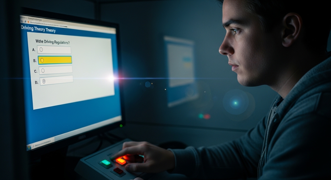 Một người đang nghiêm túc chọn đáp án trên màn hình máy tính, ôn luyện bộ đề thi bằng lái xe mới trong không gian thi thử.