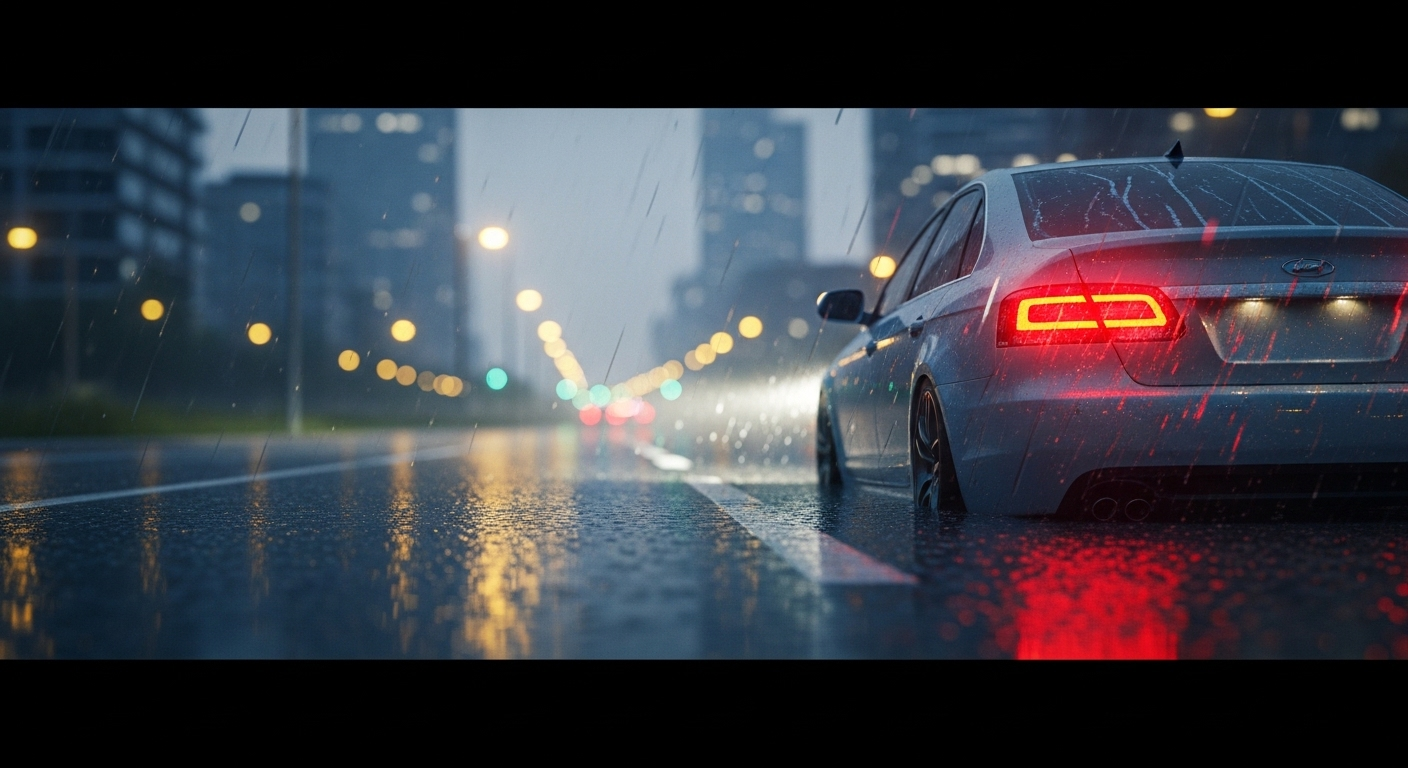 Xe ô tô cẩn thận di chuyển trên đường phố mưa ướt, ánh đèn xe sáng rõ và phản chiếu trên mặt đường, thể hiện kinh nghiệm lái xe an toàn cho người mới lái trong điều kiện khó khăn.