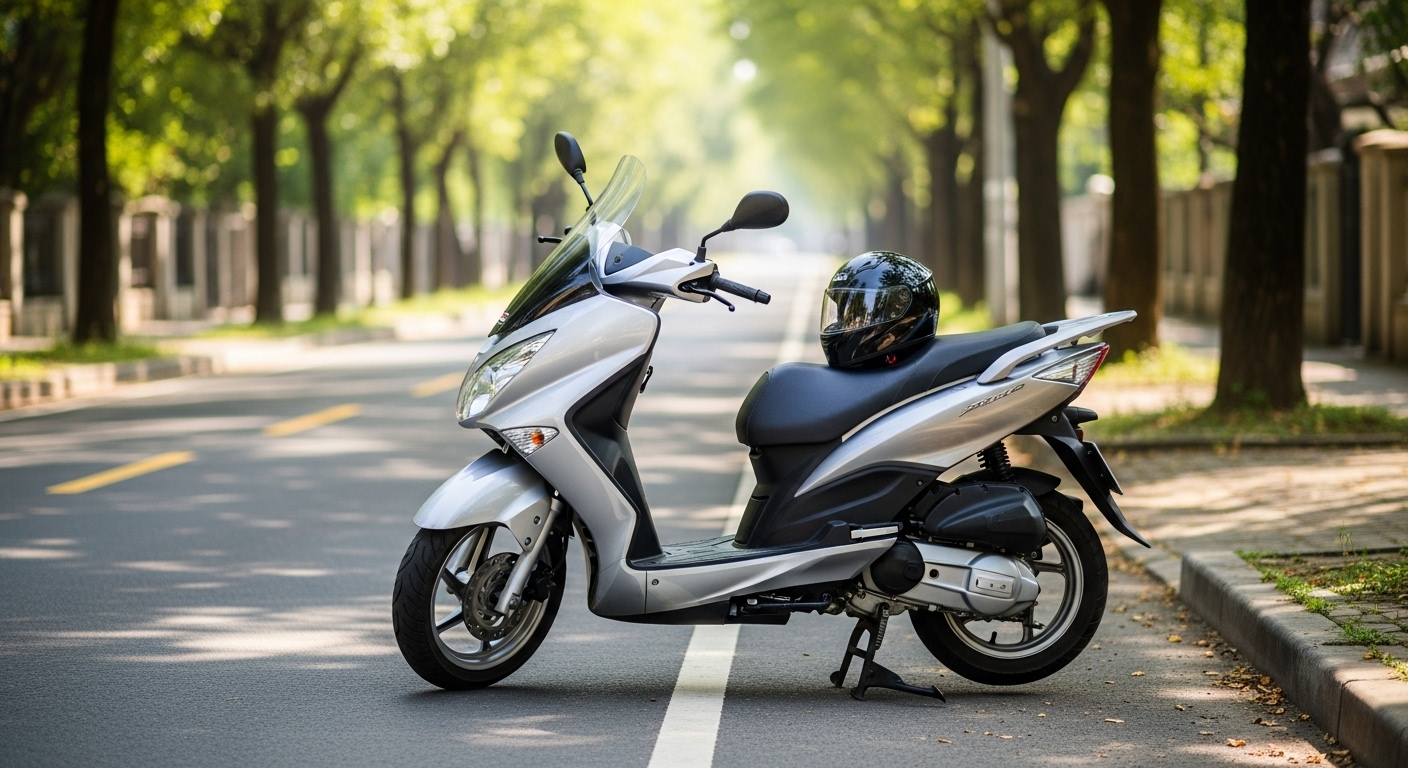 Xe tay ga bạc đỗ yên bình bên đường khu dân cư, mũ bảo hiểm đen trên yên xe. Phù hợp để tìm hiểu mẹo học bằng lái xe máy và chuẩn bị cho hành trình an toàn.