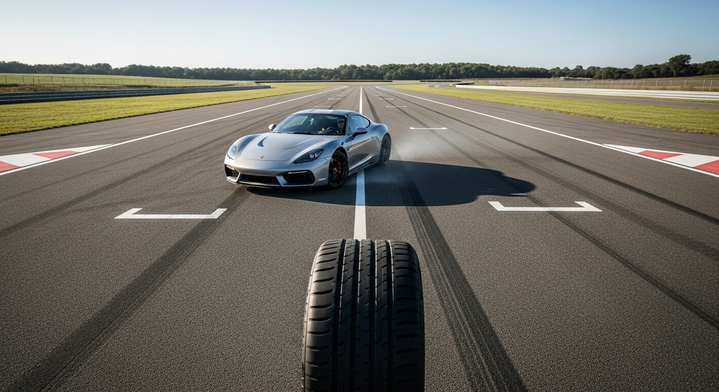 Xe ô tô thực hiện dừng khẩn cấp có kiểm soát trên đường thử trống. Lốp bám đường chắc chắn, xe dừng ổn định mà không trượt, thể hiện kỹ thuật phanh xe an toàn và hiệu quả.