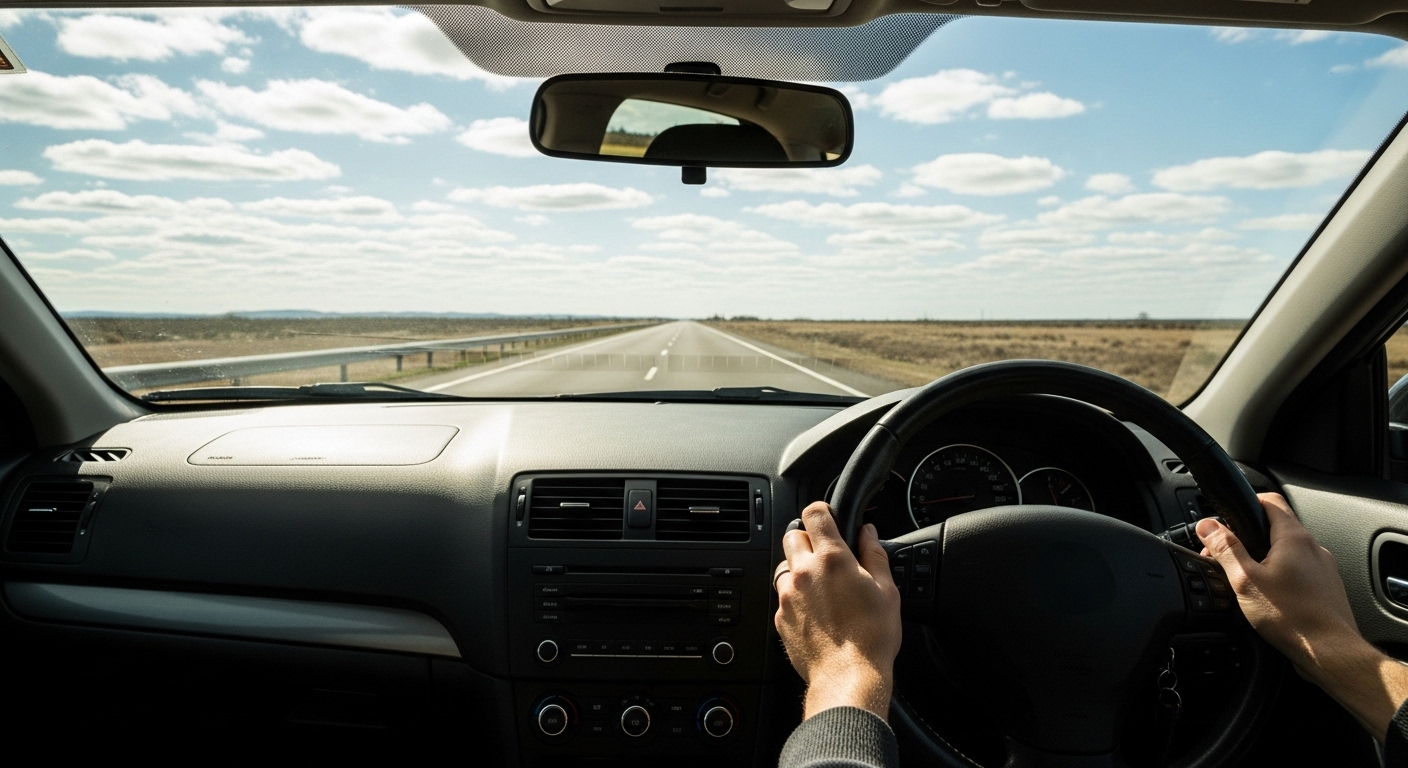 Tay người lái đặt trên vô lăng xe ô tô với nội thất gọn gàng, nhìn rõ con đường phía trước. Hình ảnh một chiếc xe được bảo dưỡng tốt, gợi nhớ các mẹo tránh mua xe ô tô cũ bị tua công tơ mét để luôn yên tâm trên mọi hành trình.