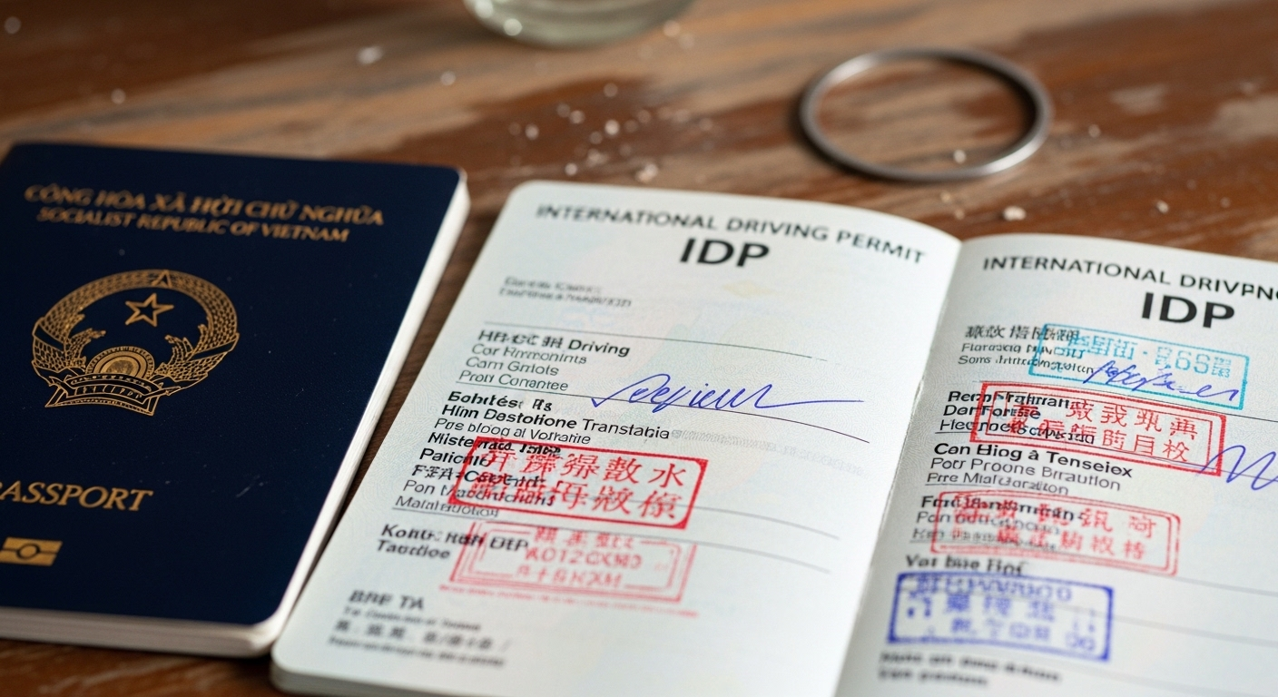 Cận cảnh sổ Giấy phép lái xe quốc tế (IDP) mở trang dịch đa ngôn ngữ và dấu mộc, bên cạnh hộ chiếu Việt Nam trên bàn gỗ, sẵn sàng cho hành trình.
