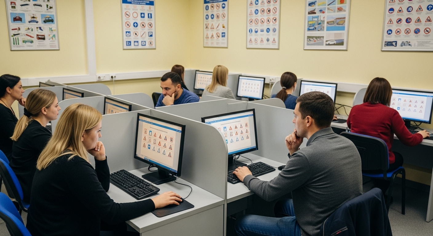 Phòng thi lý thuyết bằng lái xe ô tô với học viên thực hiện bài kiểm tra trên máy tính, phản ánh các quy định và thay đổi bằng lái xe ô tô 2022. Phòng thi lý thuyết bằng lái xe ô tô với học viên thực hiện bài kiểm tra trên máy tính, phản ánh các quy định và thay đổi bằng lái xe ô tô 2022.