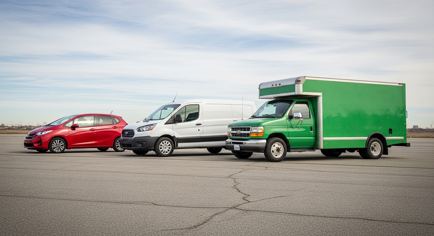 xe hatchback đỏ, xe van trắng và xe tải thùng xanh lá cây, minh họa bằng lái xe B1 B2 C lái được xe gì.