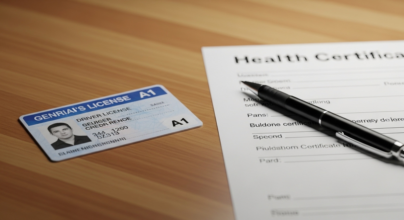 Thẻ bằng lái xe A1, giấy khám sức khỏe và bút trên bàn, gợi ý chuẩn bị cho việc tìm mẹo thi lý thuyết bằng lái xe máy A1.