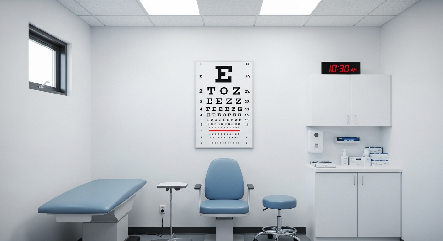 Phòng khám y tế sáng sủa với bảng thị lực Snellen trên tường trắng, nơi thực hiện khám sức khỏe bắt buộc khi đăng ký học bằng lái xe B1. Tìm hiểu học bằng lái xe B1 bao nhiêu tiền và các quy định liên quan.