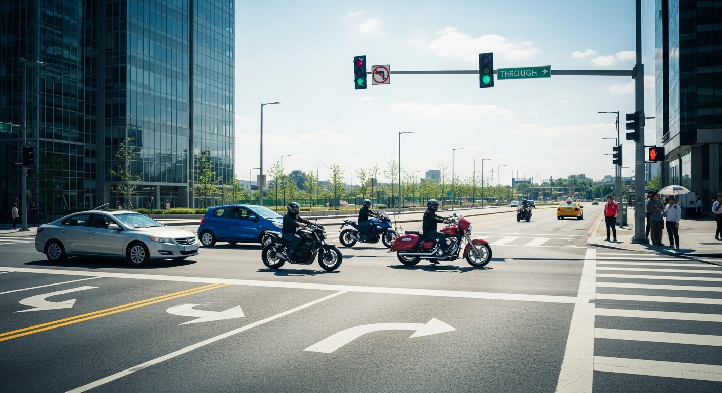 Ngã tư đô thị trật tự giữa trưa, xe máy và các phương tiện khác lưu thông suôn sẻ theo đèn xanh, thể hiện sự tuân thủ luật giao thông. Đây là nền tảng quan trọng, tương tự như việc tìm hiểu thi lý thuyết A1 A2 bao nhiêu câu đậu để đảm bảo an toàn khi tham gia giao thông.