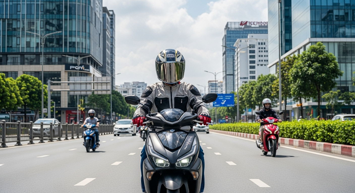 Người đội mũ bảo hiểm lái xe tay ga an toàn trên đường phố đô thị Việt Nam ban ngày, minh họa các loại xe bằng lái xe A1 A2 chạy được xe gì trong bối cảnh giao thông hiện đại.