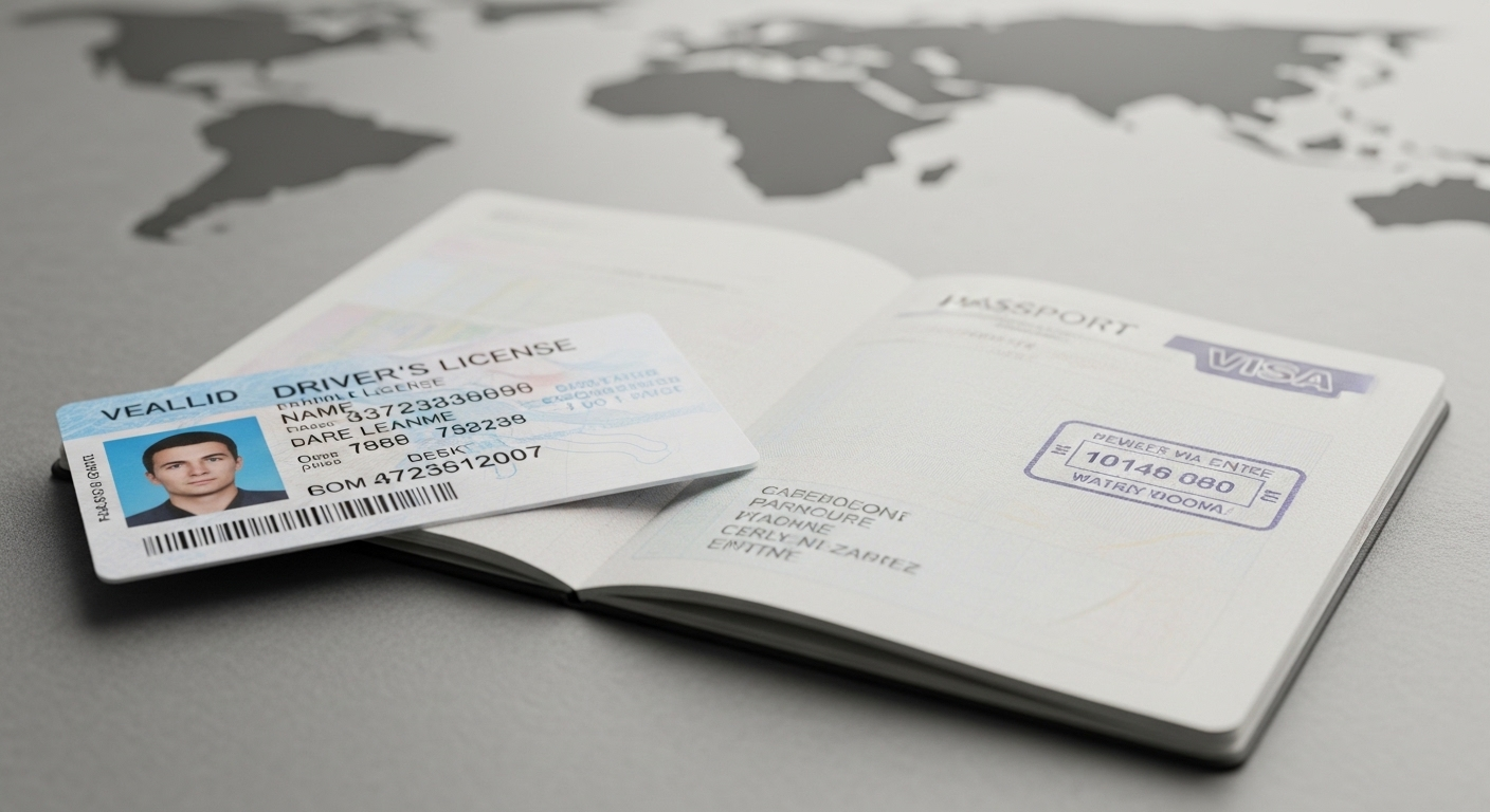 Hộ chiếu và bằng lái xe hợp lệ trên bàn với nền bản đồ mờ, nhấn mạnh tầm quan trọng của việc kiểm tra thời hạn đổi bằng lái xe khi lên kế hoạch du lịch quốc tế.