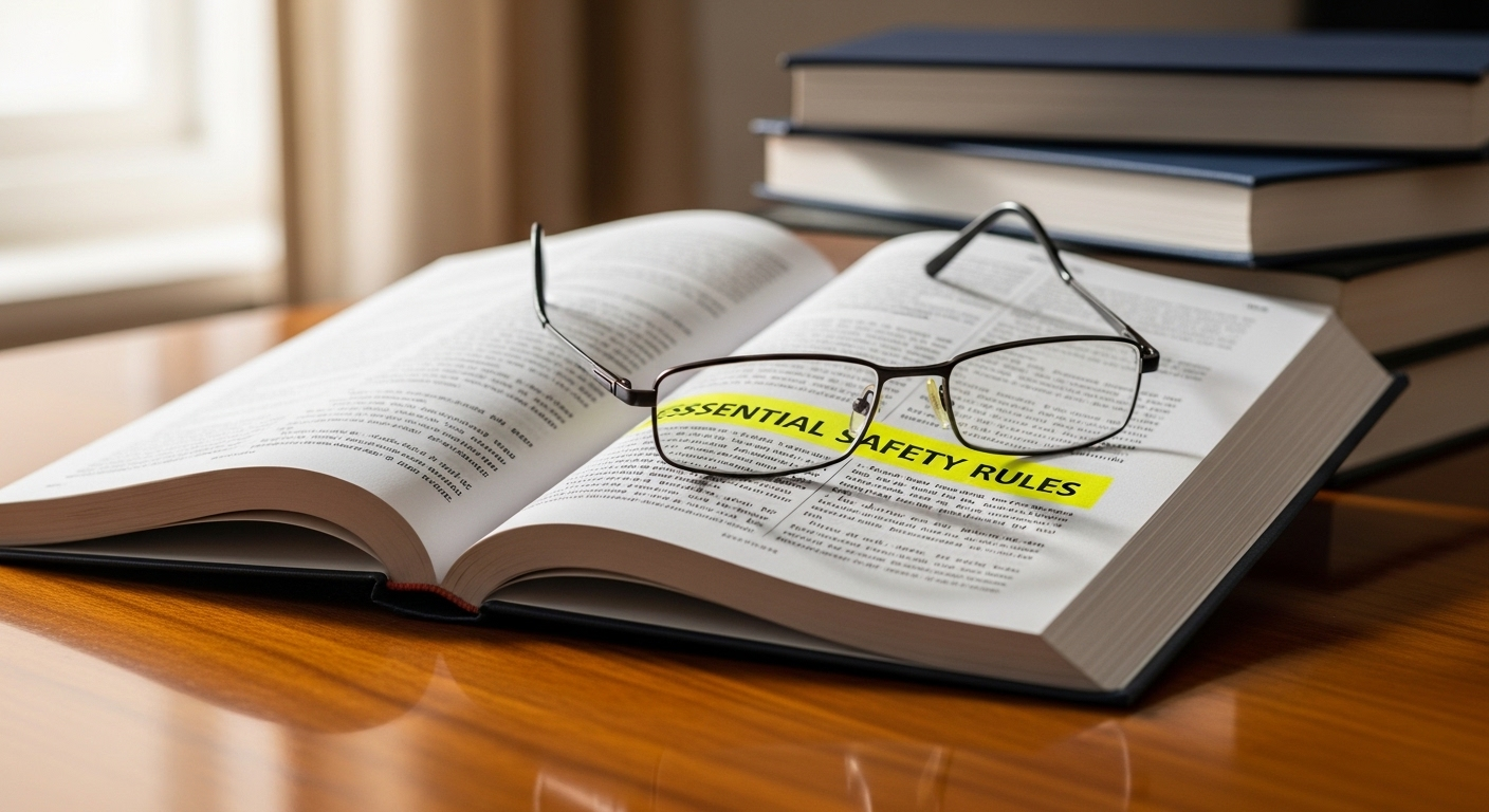 Sách lý thuyết lái xe ô tô hiện đại trên bàn gỗ, trang quy tắc an toàn đang mở cùng kính cận. Tài liệu ôn thi thiết yếu cho bộ đề thi sát hạch lái xe ô tô 600 câu.