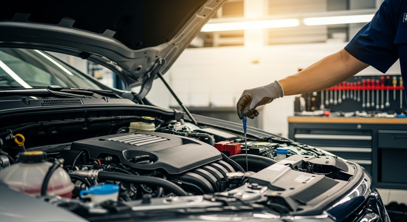 Bàn tay thợ máy kiểm tra chất lỏng dưới nắp capo. Bảo dưỡng định kỳ là mẹo lái xe an toàn và bền bỉ cho mọi hành trình.