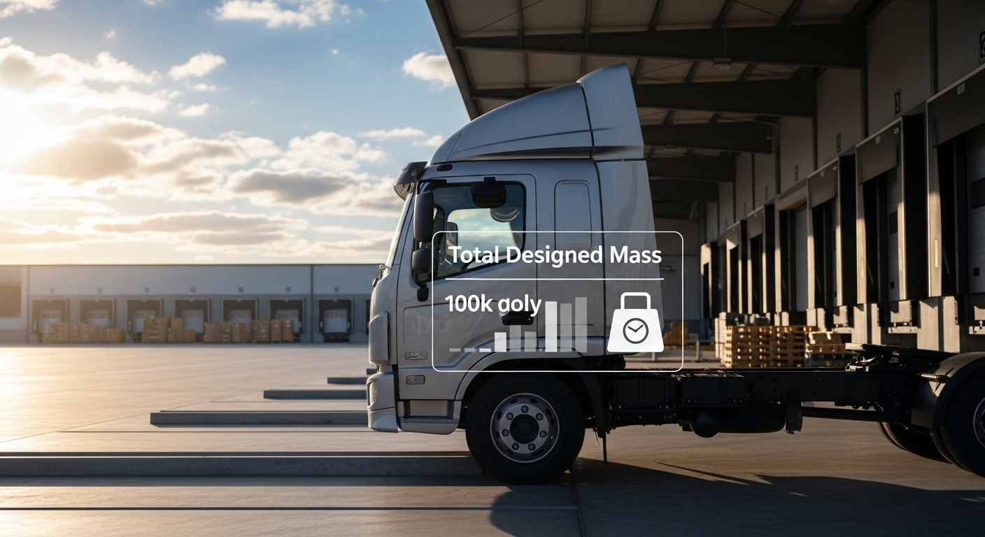 Xe tải hạng trung hiện đại, phù hợp bằng lái C1, đậu ở bến bãi logistics. Thông tin 'Total Designed Mass' (trọng tải thiết kế) hiển thị rõ, nhấn mạnh các yếu tố quan trọng trong bối cảnh thay đổi hạng giấy phép lái xe 2025.