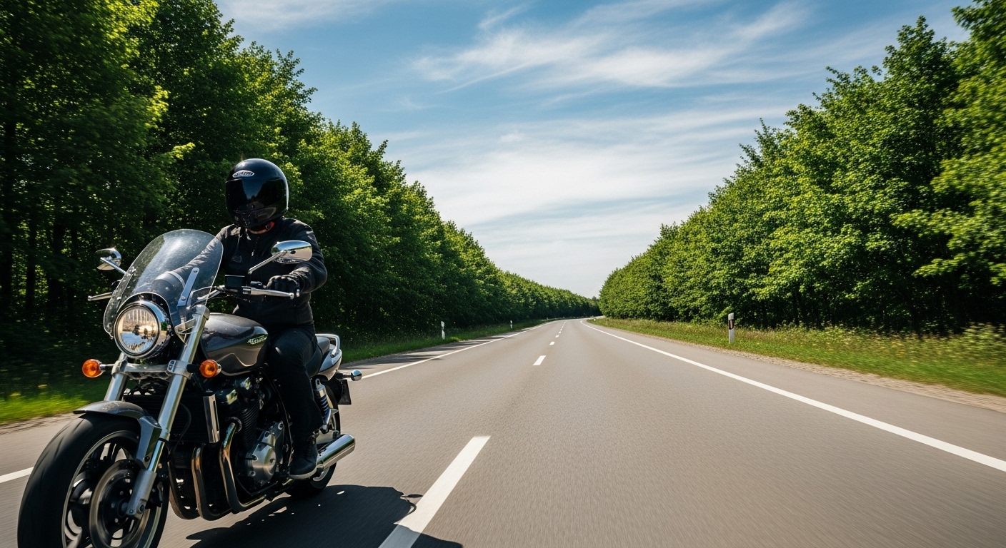 Ảnh thực tế một người đội mũ bảo hiểm lái xe máy hiện đại trên đường nhựa rộng thênh thang bao quanh bởi cây xanh, gợi cảm hứng tự do khám phá sau khi vượt qua kỳ thi nhờ mẹo thi bằng lái xe A1.