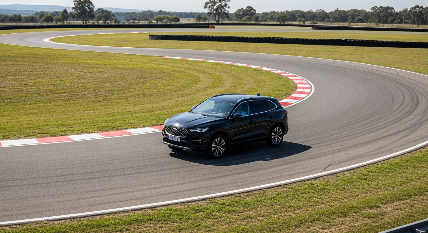 Xe SUV đen đang lướt qua đường cua chữ S trên sân sát hạch, thể hiện kỹ năng cần thiết cho mẹo thi sát hạch sa hình lái xe ô tô.