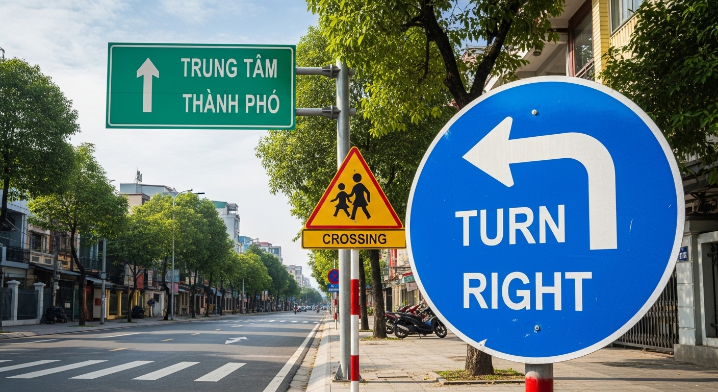 Các loại biển báo giao thông đường bộ ở Việt Nam đa dạng trên đường phố đô thị, gồm biển hiệu lệnh rẽ phải màu xanh, biển cảnh báo trẻ em màu vàng và biển chỉ dẫn trung tâm thành phố màu xanh lá.