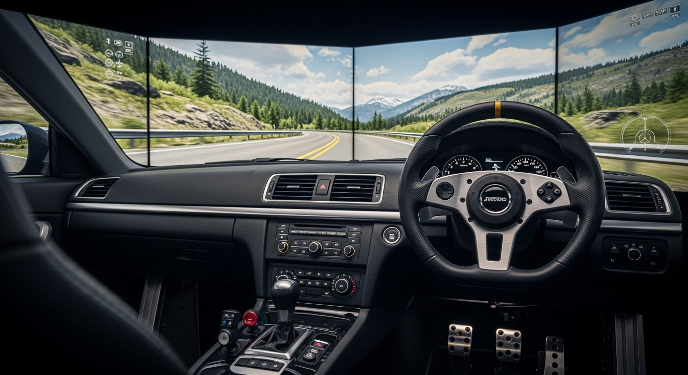 Nội thất buồng lái mô phỏng lái xe hiện đại với bảng điều khiển, vô lăng, bàn đạp và màn hình hiển thị tình huống đường thực tế, hỗ trợ luyện tập để thi các loại bằng lái xe ở Việt Nam. Nội thất buồng lái mô phỏng lái xe hiện đại với bảng điều khiển, vô lăng, bàn đạp và màn hình hiển thị tình huống đường thực tế, hỗ trợ luyện tập để thi các loại bằng lái xe ở Việt Nam.