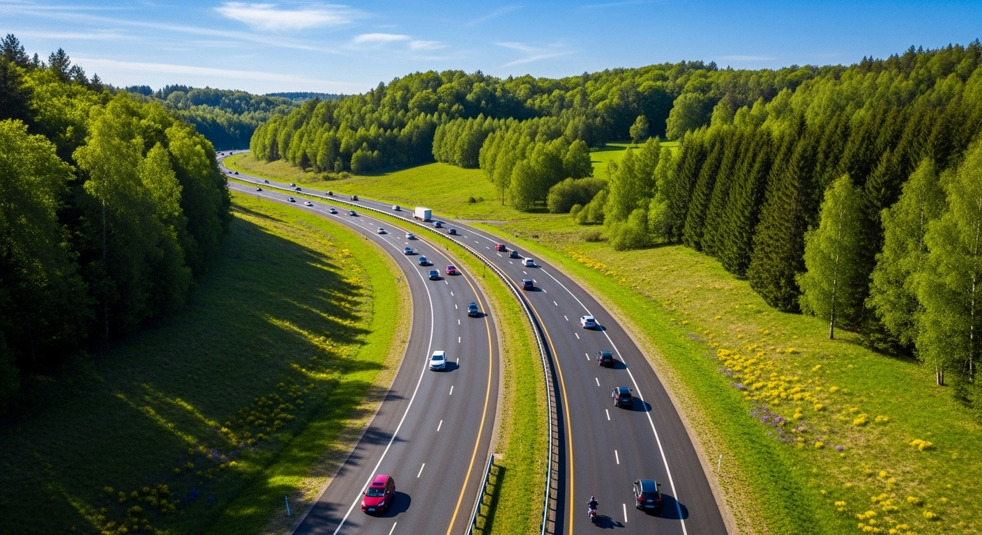 Đường cao tốc nông thôn uốn lượn an toàn giữa đồi xanh, cảnh quan rừng dưới trời trong xanh, minh họa môi trường lái xe lý tưởng khi đã nắm vững 100 câu điểm liệt lý thuyết lái xe ô tô.
