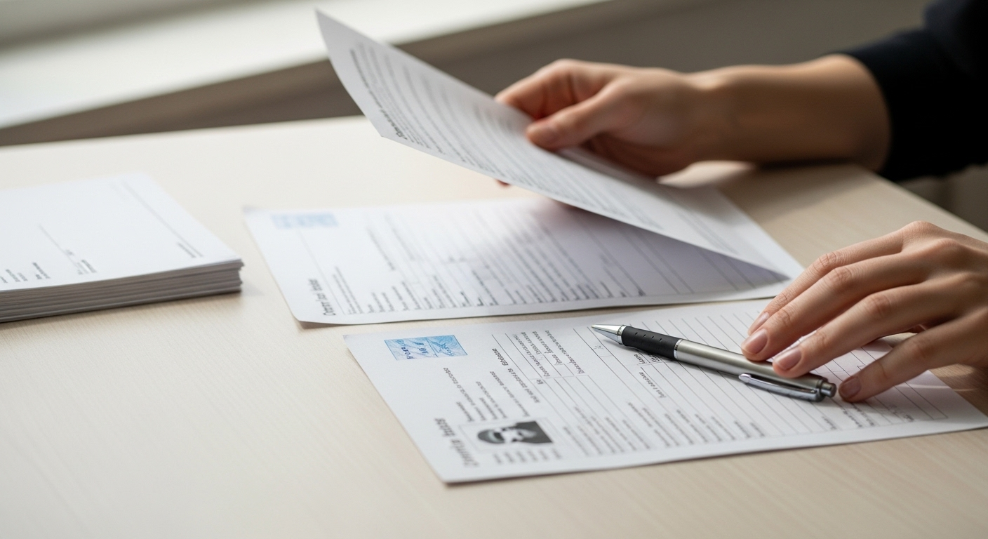 Tay người tỉ mỉ xem xét hồ sơ xin bằng lái xe trên bàn, tìm hiểu sự khác nhau giữa bằng lái B1 và B2 để chuẩn bị tài liệu chính xác.