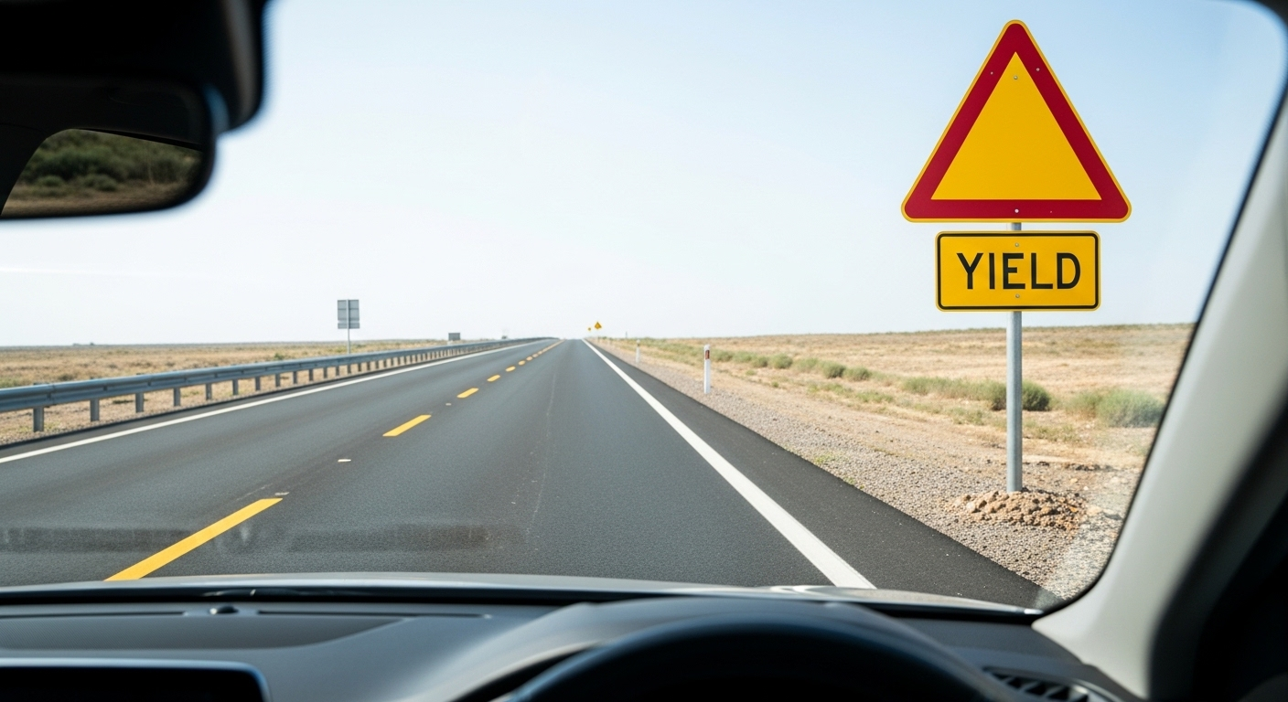 Biển báo nhường đường nổi bật trên con đường vắng nhìn từ ghế lái xe hiện đại. Áp dụng mẹo học lý thuyết lái xe giúp bạn lái xe an toàn và tuân thủ luật giao thông.