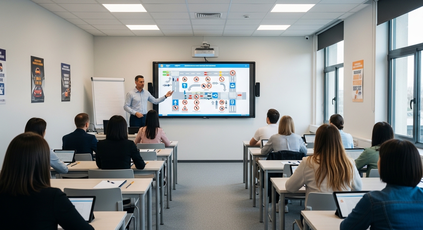 Lớp học lý thuyết lái xe ô tô hiện đại, giáo viên đang giảng bài luật giao thông cho học viên. Đây là bước khởi đầu quan trọng trước khi bạn tìm hiểu về chi phí học lái xe ô tô B1 B2 C.