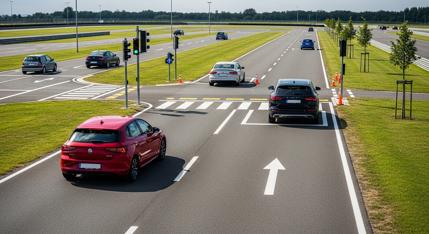 Hình ảnh nhiều ô tô, gồm hatchback đỏ và SUV đen, đang thực hành bổ túc tay lái sa hình tại sân sát hạch chuyên nghiệp, di chuyển qua ngã tư đèn xanh và khu vực dốc khởi hành. Hình ảnh nhiều ô tô, gồm hatchback đỏ và SUV đen, đang thực hành bổ túc tay lái sa hình tại sân sát hạch chuyên nghiệp, di chuyển qua ngã tư đèn xanh và khu vực dốc khởi hành.