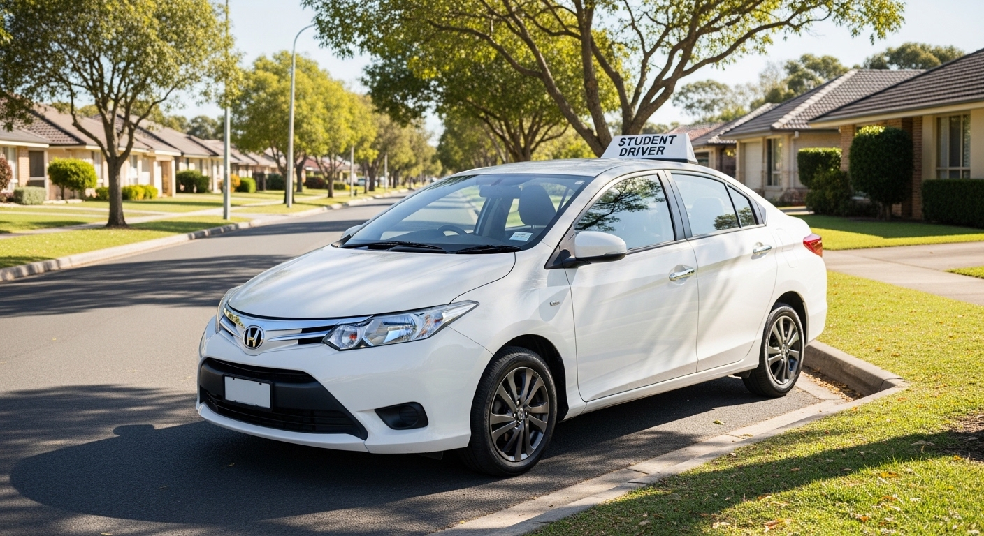 Chiếc sedan hiện đại, sạch sẽ đậu trên đường ngoại ô yên tĩnh, sẵn sàng cho buổi học bổ túc tay lái đường trường.