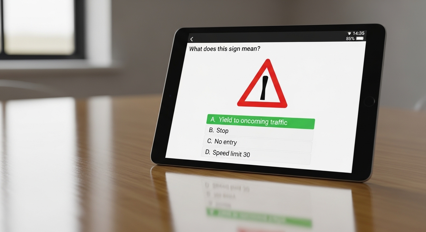 Máy tính bảng hiển thị bài thi lý thuyết C1 với câu hỏi biển báo giao thông, gợi ý mẹo học lý thuyết C1 hiệu quả.