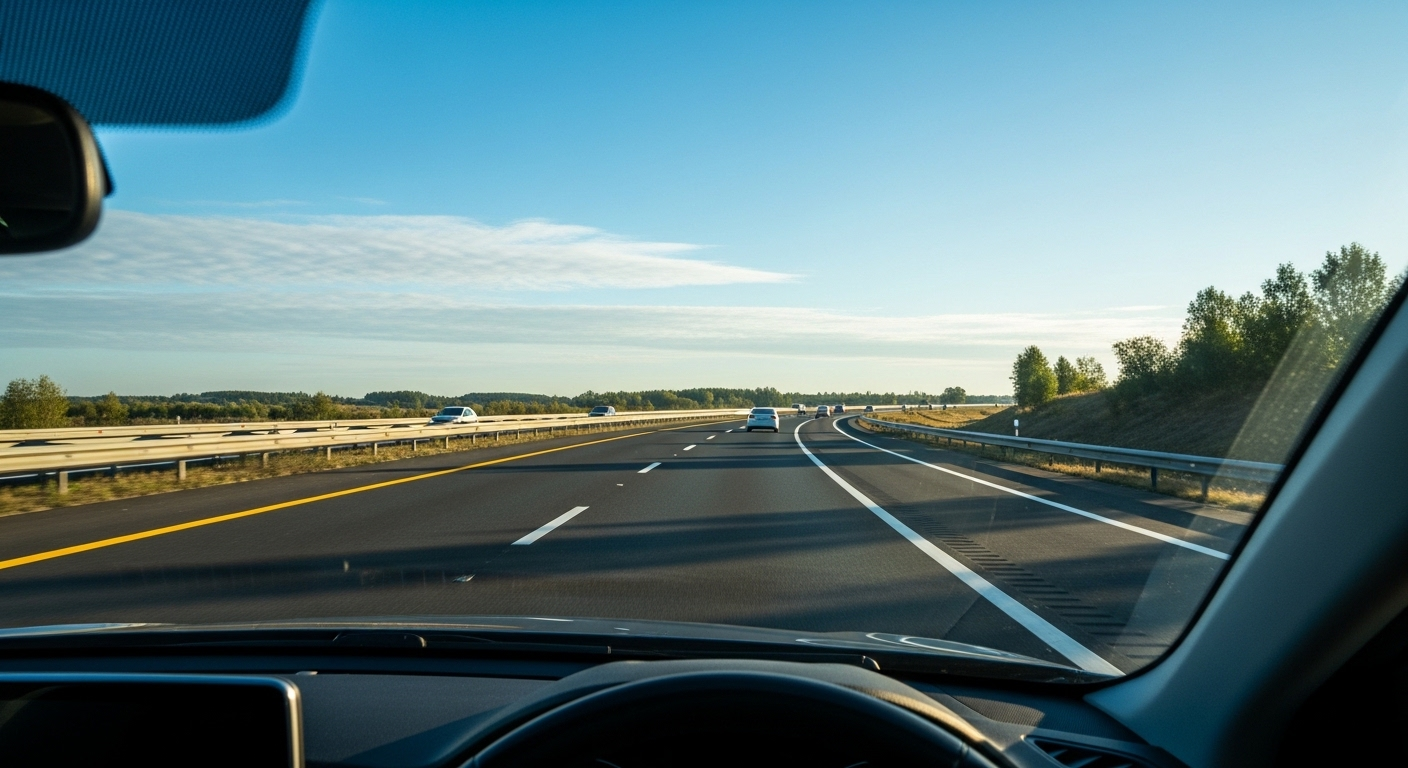 Góc nhìn người lái trên đường cao tốc hiện đại, an toàn với vạch kẻ rõ ràng dưới trời xanh. Hình ảnh lý tưởng cho việc áp dụng kiến thức sau khi thi lý thuyết lái xe B1.