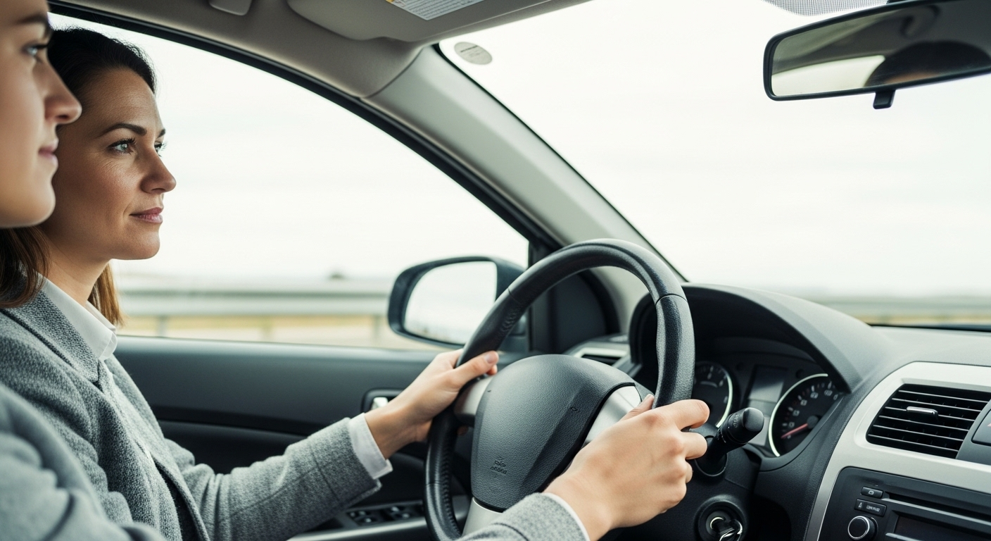 Học viên tập lái ô tô cùng giáo viên hướng dẫn, áp dụng các mẹo thi bằng lái xe ô tô để tự tin vượt qua kỳ thi.