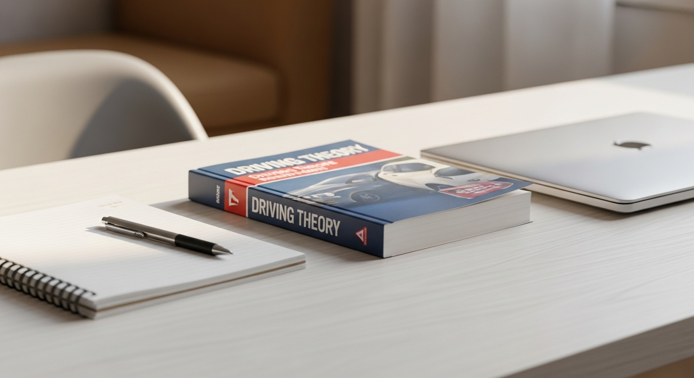 Bàn học gọn gàng với sách lý thuyết lái xe ô tô hạng B, laptop và sổ tay, thể hiện sự sẵn sàng sau khi áp dụng các mẹo học hiệu quả.