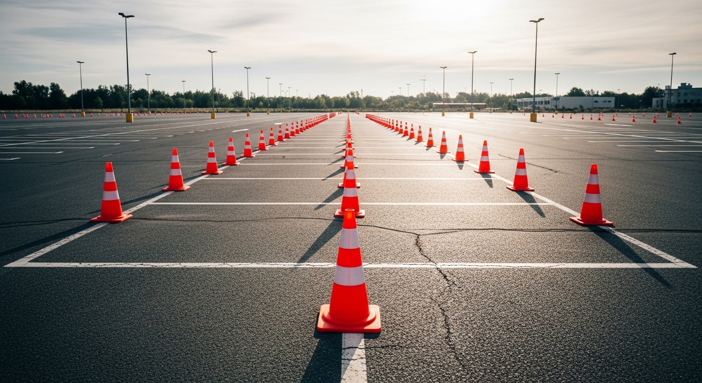 Bãi đỗ xe trống trải với cọc giao thông màu cam sắp xếp mô phỏng vị trí đỗ xe song song, nơi lý tưởng để thực hành và tích lũy kinh nghiệm lái xe an toàn cho người mới lái.