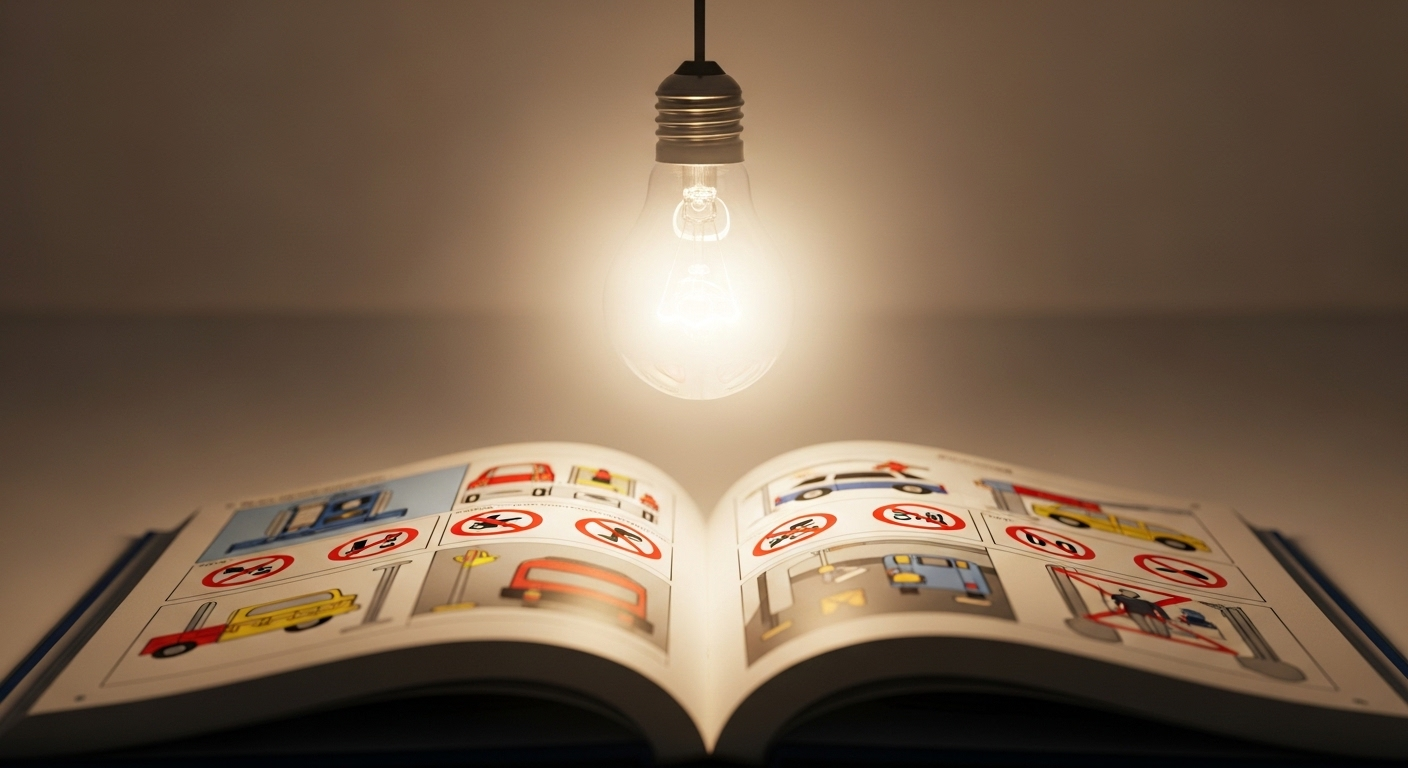 Hình ảnh bóng đèn sáng trên sách mở với sơ đồ luật giao thông, minh họa mẹo học bằng lái xe máy dễ hiểu và hiệu quả.